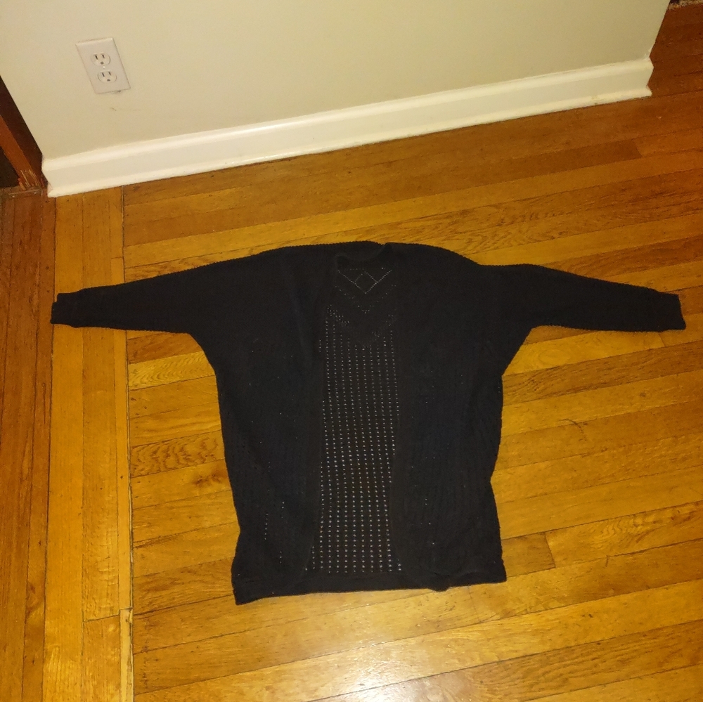 Black Oversized Open Knit Geometric Diamond Pattern Sweater Fits XL 3/4 Sleeve